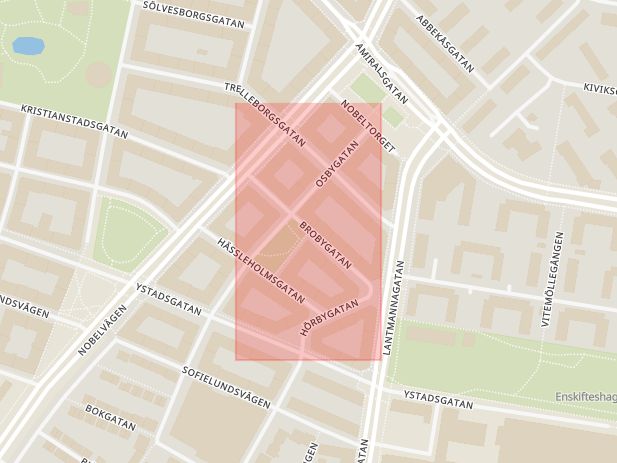 Karta som med röd fyrkant ramar in Brobygatan, Malmö, Skåne län