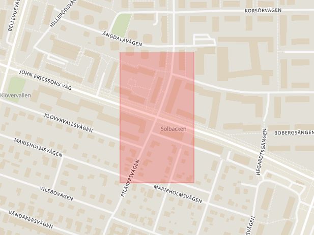 Karta som med röd fyrkant ramar in John Ericssons Väg, Pilåkersvägen, John Ericsson, Malmö, Skåne län