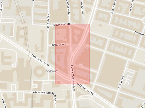 Karta som med röd fyrkant ramar in Bergsgatan, Södra Förstadsgatan, Malmö, Skåne län