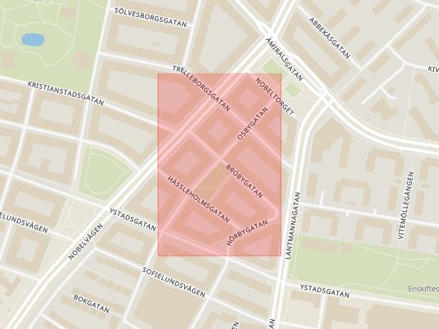 Karta som med röd fyrkant ramar in Osbygatan, Malmö, Skåne län