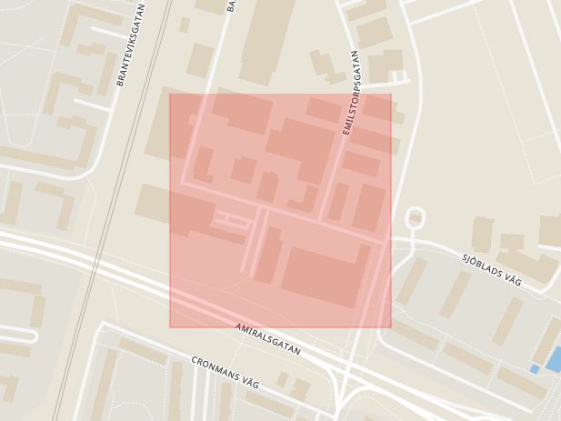 Karta som med röd fyrkant ramar in Volframgatan, Malmö, Skåne län