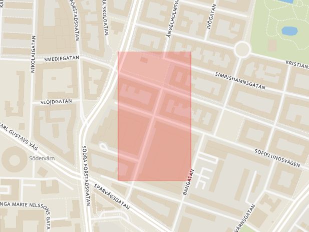 Karta som med röd fyrkant ramar in Ystadsgatan, Sofielundsvägen, Claesgatan, Nobelvägen, Malmö, Skåne län
