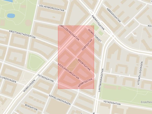 Karta som med röd fyrkant ramar in Brobygatan, Osbygatan, Malmö, Skåne län