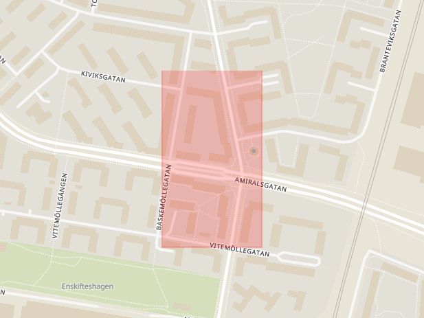 Karta som med röd fyrkant ramar in Amiralsgatan, Falsterbogatan, Malmö, Skåne län