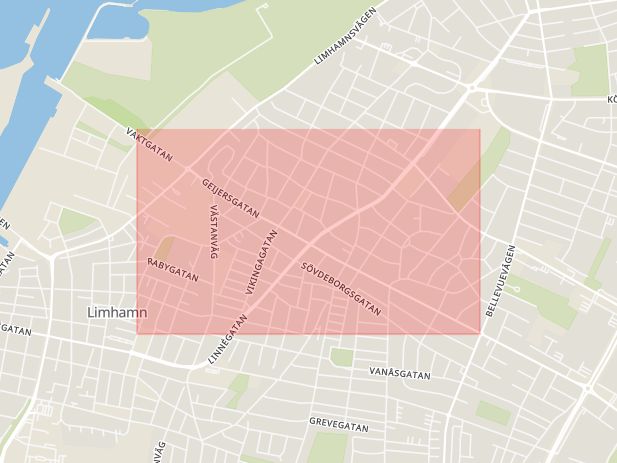 Karta som med röd fyrkant ramar in Geijersgatan, Limhamnsvägen, Malmö, Skåne län
