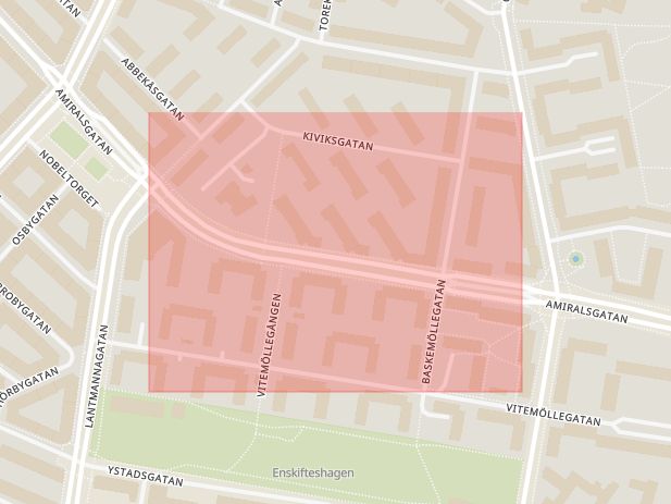 Karta som med röd fyrkant ramar in Annelund, Amiralsgatan, Malmö, Skåne län