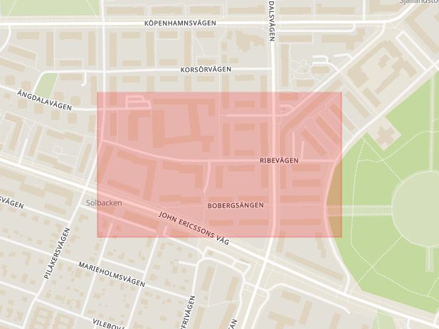 Karta som med röd fyrkant ramar in Ribevägen, Malmö, Skåne län