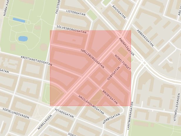 Karta som med röd fyrkant ramar in Möllevången, Trelleborgsgatan, Malmö, Skåne län