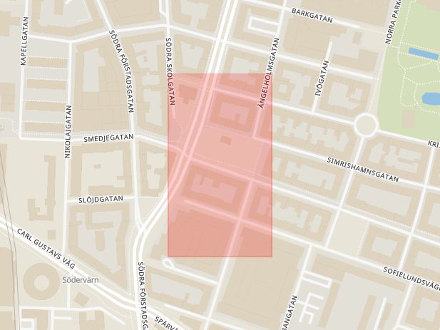 Karta som med röd fyrkant ramar in Möllevångstorget, Malmö, Skåne län