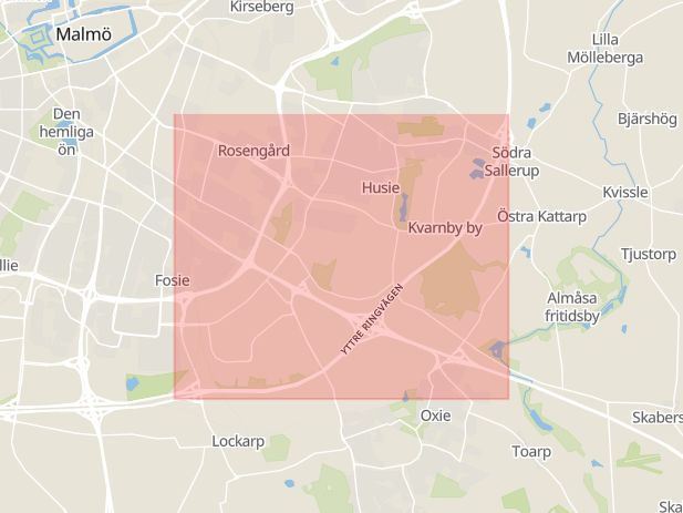 Karta som med röd fyrkant ramar in Yttre Ringvägen, Kvarnby, Malmö, Skåne län