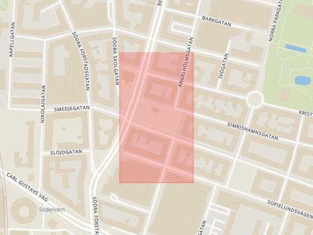 Karta som med röd fyrkant ramar in Möllevångstorget, Bergsgatan, Smedjegatan, Malmö, Skåne län
