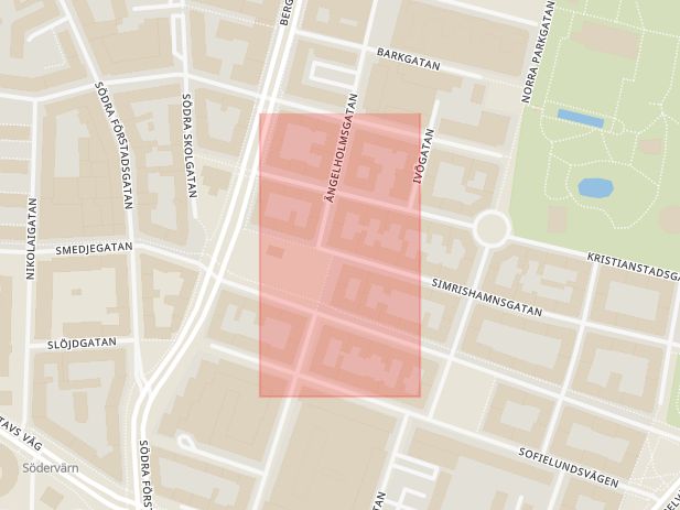 Karta som med röd fyrkant ramar in Möllevången, Möllevångstorget, Simrishamnsgatan, Malmö, Skåne län