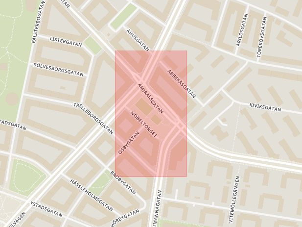 Karta som med röd fyrkant ramar in Nobeltorget, Amiralsgatan, Lantmannagatan, Malmö, Skåne län
