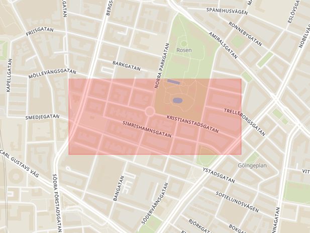 Karta som med röd fyrkant ramar in Kristianstadgatan, Malmö, Skåne län