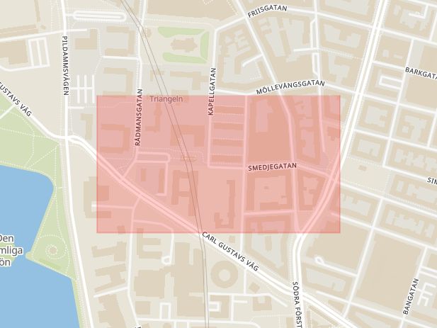 Karta som med röd fyrkant ramar in Smedjegatan, Malmö, Skåne län