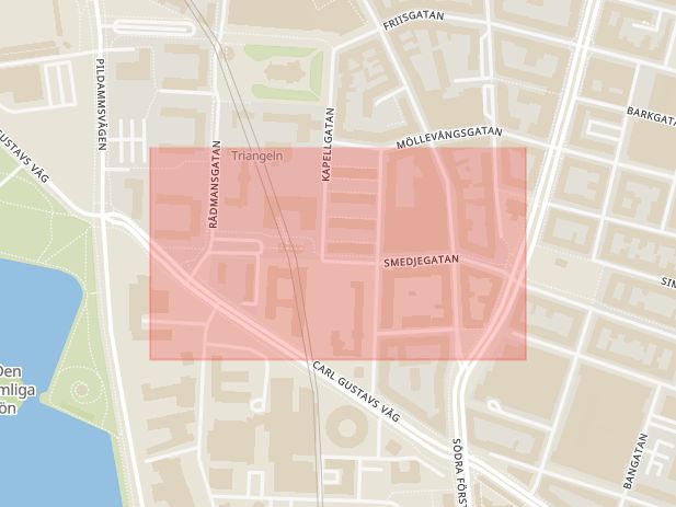 Karta som med röd fyrkant ramar in Möllevången, Smedjegatan, Malmö, Skåne län