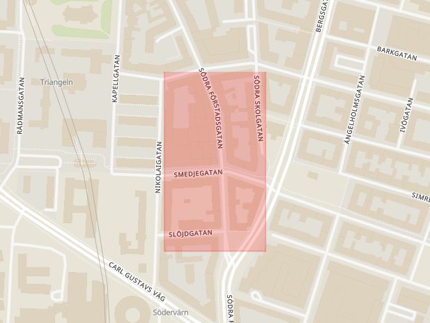 Karta som med röd fyrkant ramar in Södra Förstadsgatan, Smedjegatan, Malmö, Skåne län