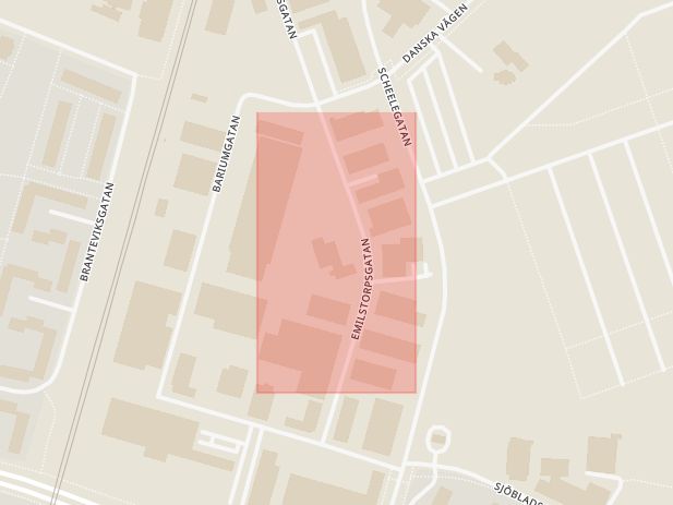 Karta som med röd fyrkant ramar in Emilstorp, Bariumgatan, Malmö, Skåne län