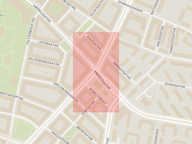 Karta som med röd fyrkant ramar in Sofielund, Amiralsgatan, Nobelvägen, Malmö, Skåne län
