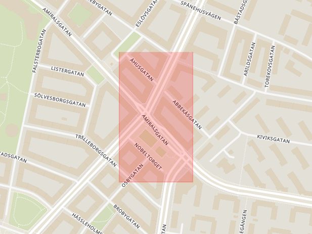 Karta som med röd fyrkant ramar in Amiralsgatan, Inre Ringvägen, Malmö, Skåne län