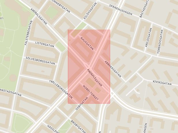 Karta som med röd fyrkant ramar in Amiralsgatan, Nobelvägen, Falsterbogatan, Malmö, Skåne län