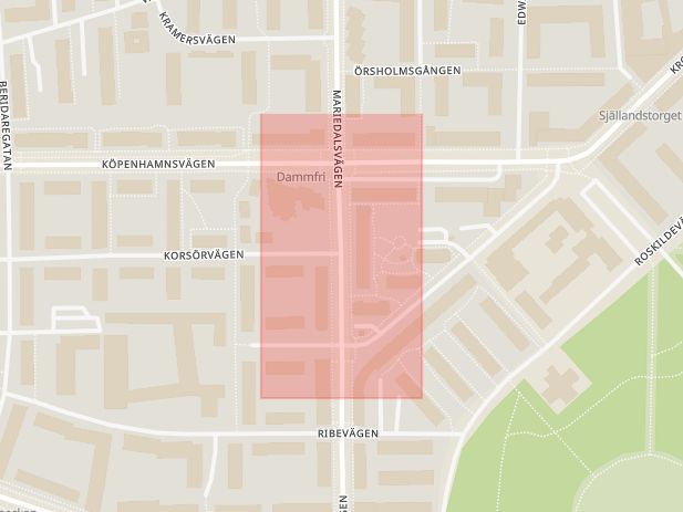 Karta som med röd fyrkant ramar in Kramersvägen, Mariedalsvägen, Korsörvägen, Malmö, Skåne län