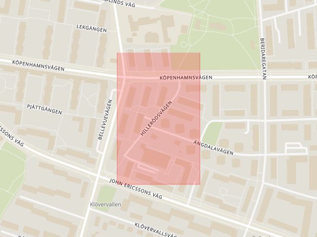 Karta som med röd fyrkant ramar in Hillerödsvägen, Malmö, Skåne län