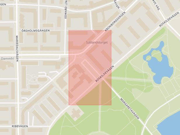 Karta som med röd fyrkant ramar in Limhamn, Linnégatan, Själlandstorget, Malmö, Skåne län