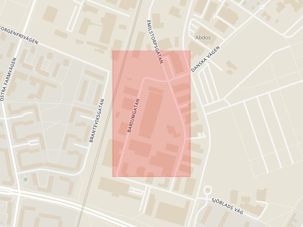 Karta som med röd fyrkant ramar in Bariumgatan, Malmö, Skåne län