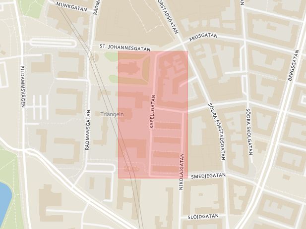 Karta som med röd fyrkant ramar in Möllevången, Kapellgatan, Malmö, Skåne län