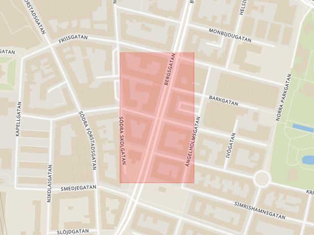 Karta som med röd fyrkant ramar in Bergsgatan, Möllevångsgatan, Malmö, Skåne län