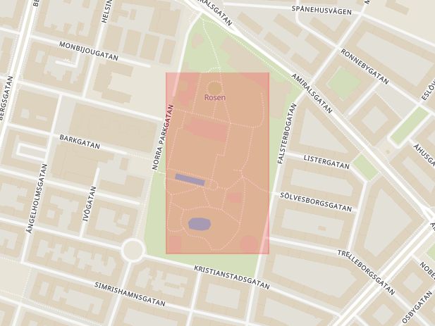 Karta som med röd fyrkant ramar in Norra Parkgatan, Barkgatan, Folkets Park, Malmö, Skåne län