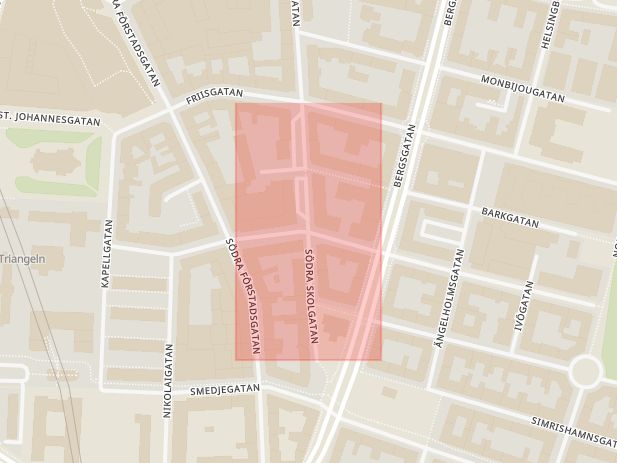 Karta som med röd fyrkant ramar in Möllevångsgatan, Södra Skolgatan, Södra Förstadsgatan, Malmö, Skåne län
