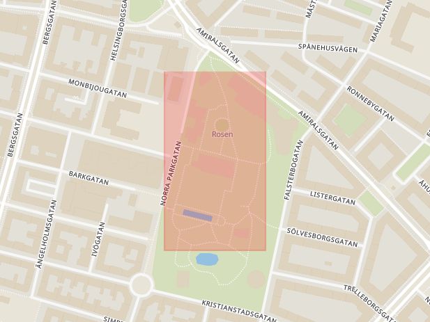 Karta som med röd fyrkant ramar in Paviljongen, Folkets Park, Malmö, Skåne län