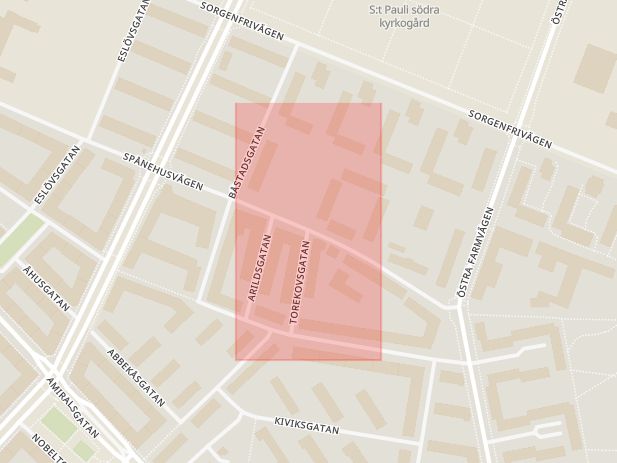 Karta som med röd fyrkant ramar in Spånehusvägen, Torekovsgatan, Malmö, Skåne län