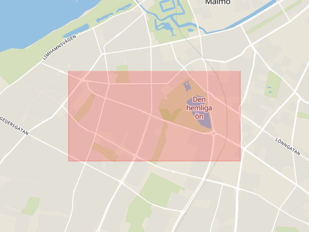 Karta som med röd fyrkant ramar in John Ericssons Väg, Malmö, Skåne län