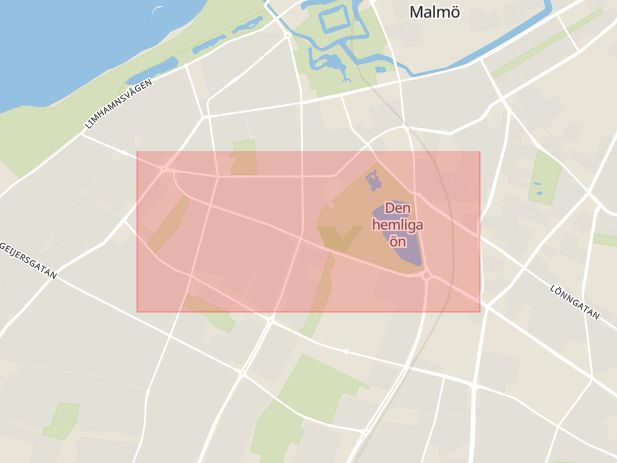Karta som med röd fyrkant ramar in John Ericssons Väg, Pildammsvägen, Malmö, Skåne län