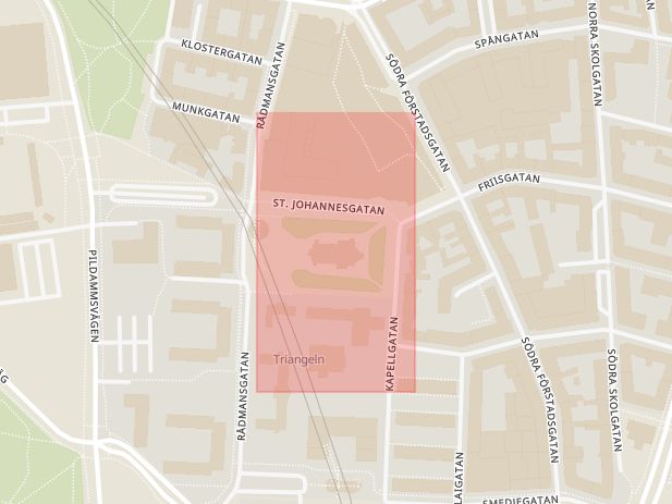 Karta som med röd fyrkant ramar in Rådmansgatan, Johanneskyrkan, Malmö, Skåne län