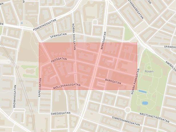 Karta som med röd fyrkant ramar in Friisgatan, Malmö, Skåne län