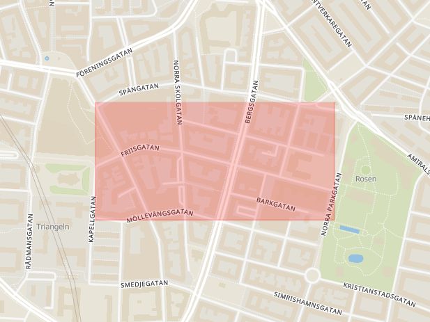 Karta som med röd fyrkant ramar in Bergsgatan, Friisgatan, Malmö, Skåne län