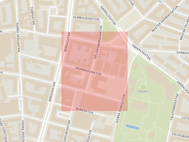 Karta som med röd fyrkant ramar in Möllevången, Monbijougatan, Malmö, Skåne län