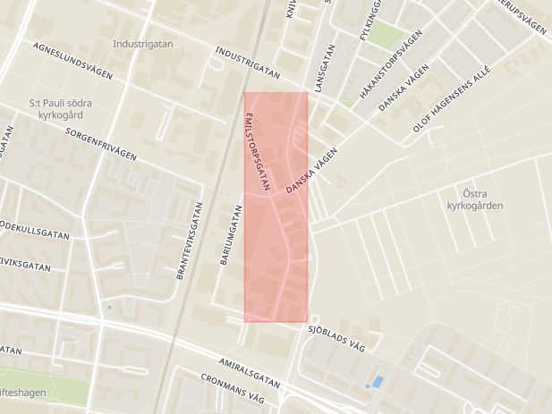 Karta som med röd fyrkant ramar in Emilstorpsgatan, malmö, Skåne län