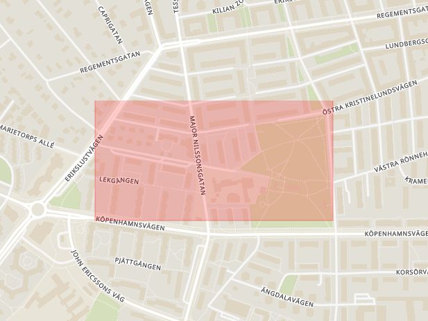 Karta som med röd fyrkant ramar in Nordlinds Väg, Malmö, Skåne län