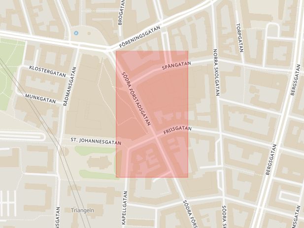 Karta som med röd fyrkant ramar in Södra Förstadsgatan, Möllevångsgatan, Malmö, Skåne län