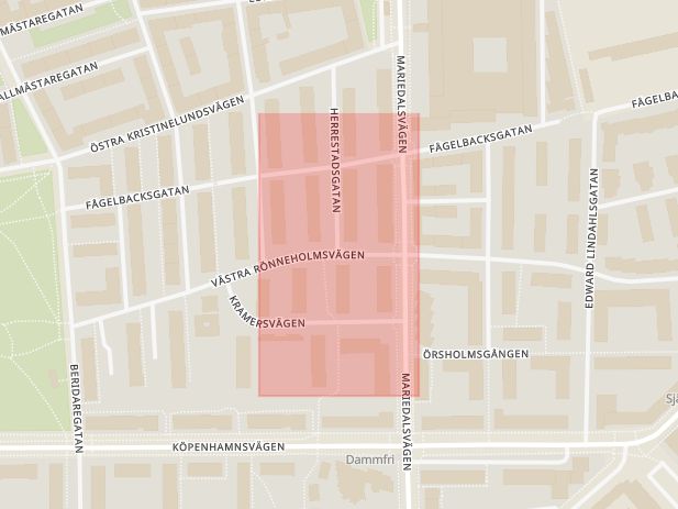 Karta som med röd fyrkant ramar in Herrestadsgatan, Västra Rönneholmsvägen, Fågelbacksgatan, Rönneholmsgatan, Malmö, Skåne län