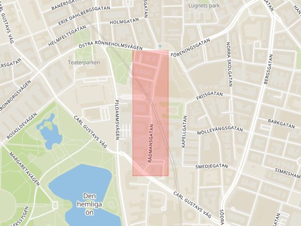 Karta som med röd fyrkant ramar in Rådmansgatan, Drottninggatan, Köpenhamnsvägen, Holmgatan, Malmö, Skåne län