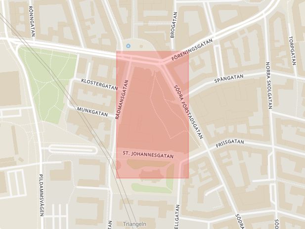 Karta som med röd fyrkant ramar in Rådmansvången, Rådmansgatan, Triangeln, Malmö, Skåne län