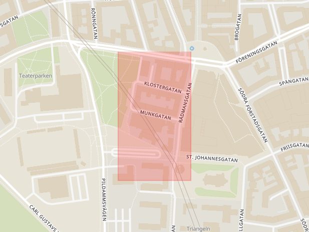 Karta som med röd fyrkant ramar in Munkgatan, Malmö, Skåne län