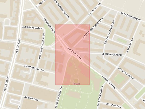 Karta som med röd fyrkant ramar in Sorgenfri, Amiralsgatan, Norra Parkgatan, Kamrergatan, Malmö, Skåne län