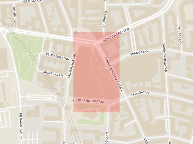 Karta som med röd fyrkant ramar in Jägersro, Triangeln, Malmö, Skåne län